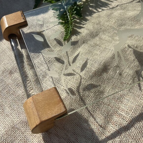 Vintage Unique 1970's Boho MCM Etched Glass Serving Tray With Deer Design & Wood - Picture 4 of 9